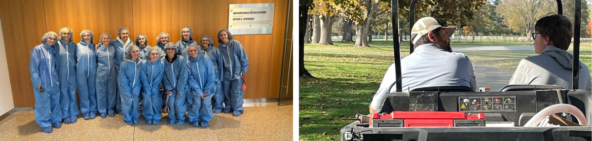 side-by-side photo collage - left: students in healthcare career exploration program pose in their scrubs; right: student talks with director of agronomy